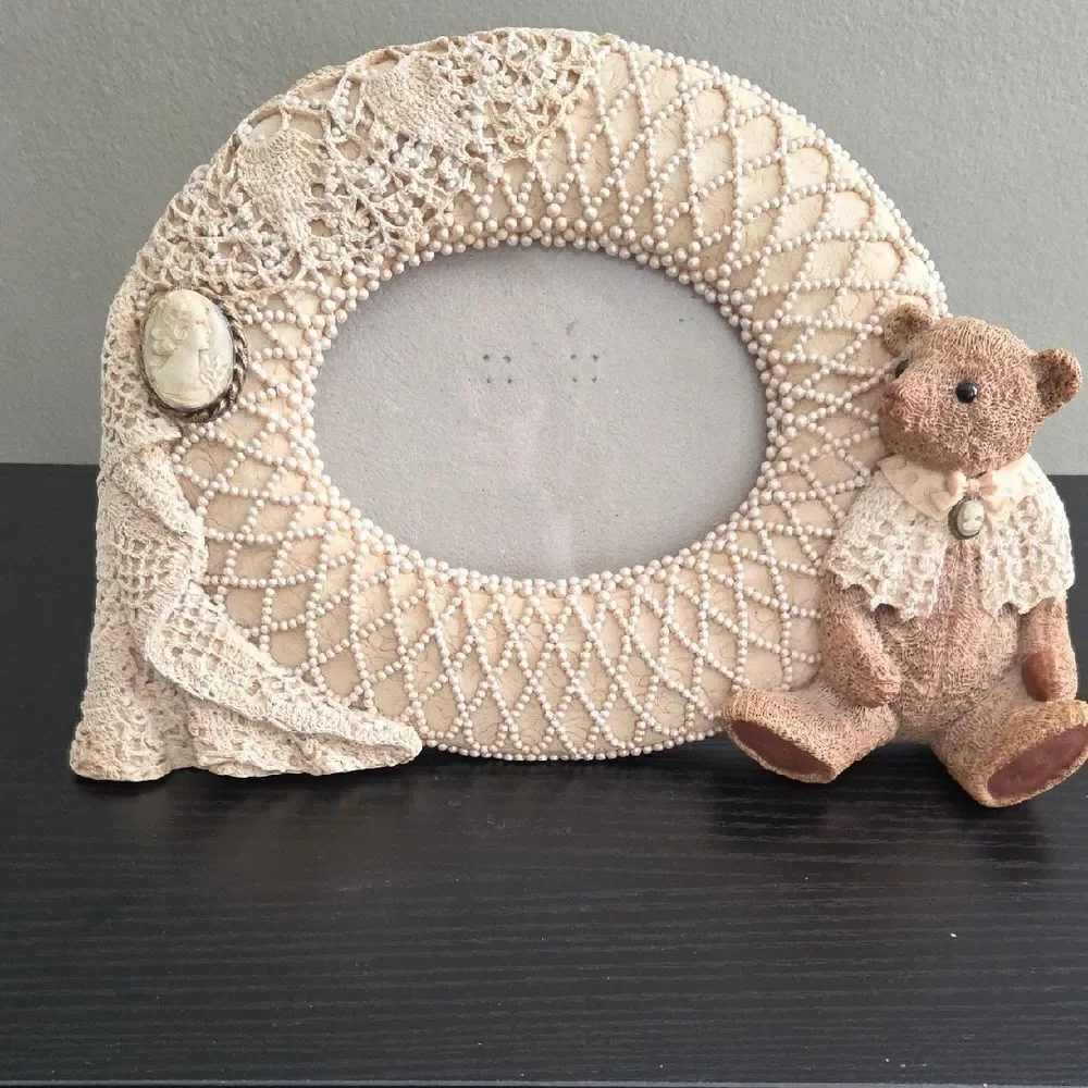 Vintage Style Lace Photo Frame with Teddy Bear